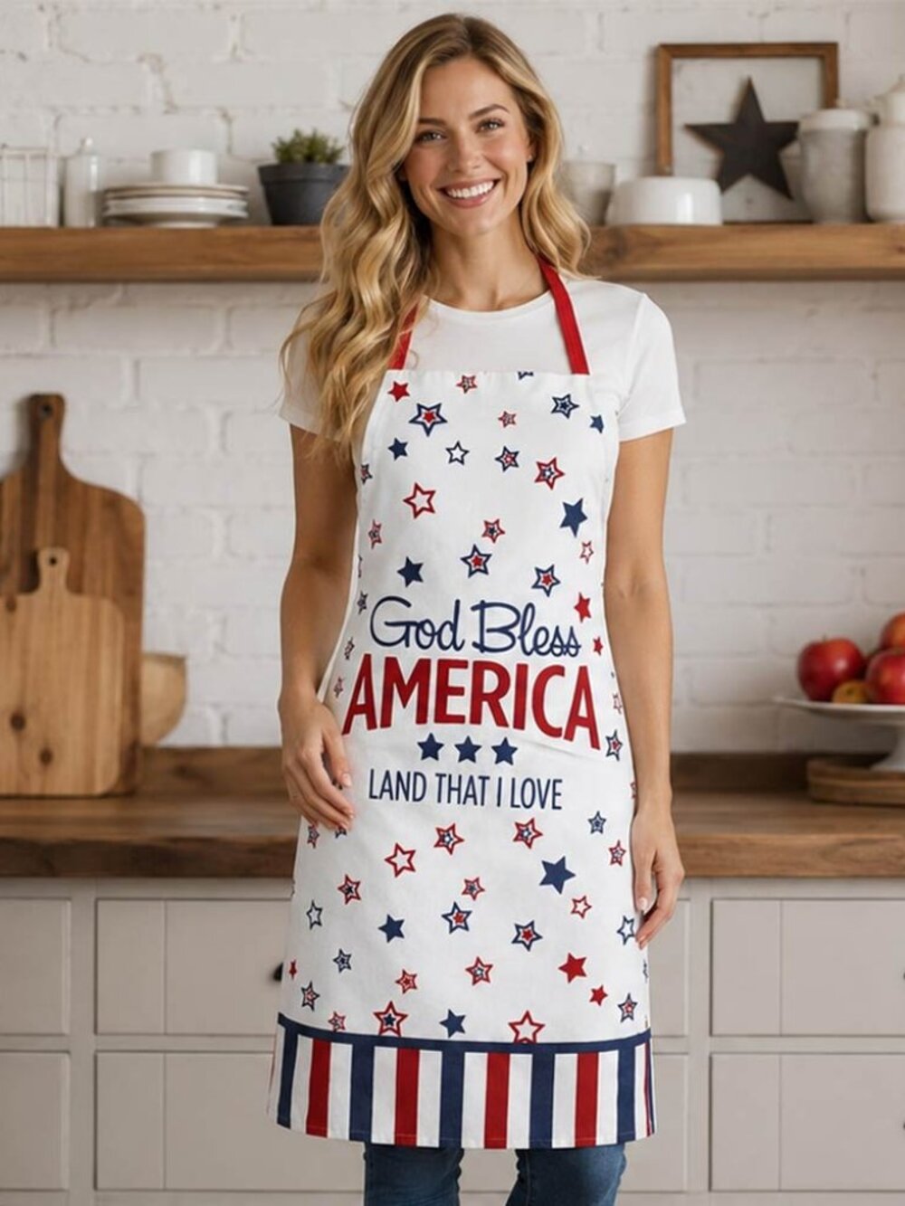GOD BLESS AMERICA Patriotic Message Printed Kitchen Apron